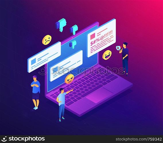 Troll quarreling and upsetting tiny people on internet with dislikes and messages. Internet trolling, digital harassment, internet behaviour concept. Ultraviolet neon vector isometric 3D illustration.. Internet trolling isometric 3D concept illustration.