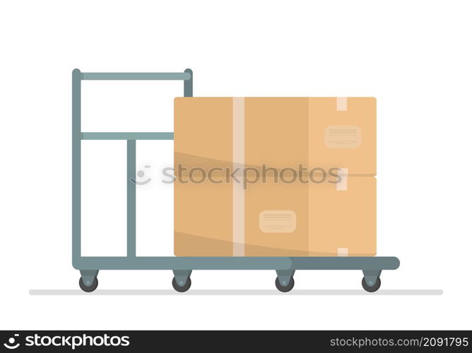 Trolley for transporting heavy items, warehouse or factory convenient storage and dispatch. Trolley cargo gray trolley, platform of manual movement. Vector flat style illustration.. Trolley for transporting heavy items. Vector flat style illustration.