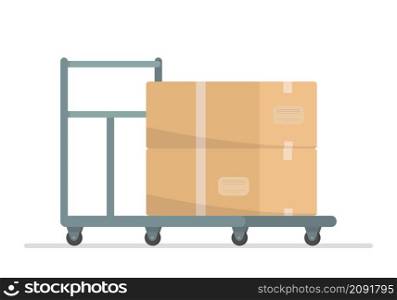 Trolley for transporting heavy items, warehouse or factory convenient storage and dispatch. Trolley cargo gray trolley, platform of manual movement. Vector flat style illustration.. Trolley for transporting heavy items. Vector flat style illustration.
