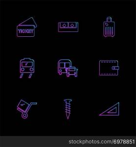 trolley , nail , wallet , ticket , transport , travel  ,transportation , traveling , boat , ship , plane , car , bus , truck , ticket , train , hardware , money,  cart , shopping,  icon, vector, design,  flat,  collection, style, creative,  icons