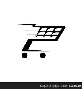 Trolley or shopping cart isolated logo. Vector black push basket on wheels, eshop symbol. Black shopping cart or trolley isolated