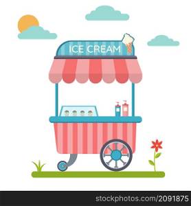 Trolley with ice cream. Cart and sweet, ice cream, kiosk and marketplace. Vector illustration. Vector files, fully editable.. Trolley with ice cream. Cart and sweet, ice cream, kiosk and marketplace. Vector illustration.