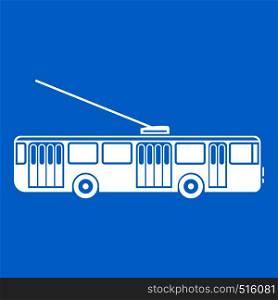 Trolleybus icon white isolated on blue background vector illustration. Trolleybus icon white