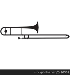Trombone icon on white background. Black silhouette of trombone sign. A musical wind instrument. flat style.