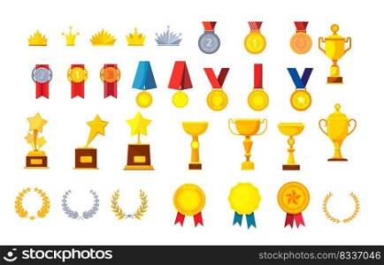Trophies and awards vector illustrations set. Golden medals, cups, crowns, laurel wreaths and prizes design elements collection. Isolated flat vector illustration on white background.