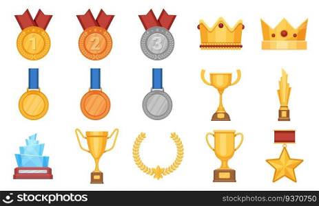 Trophies and medals. Award prize flat icon, olympic gold, silver and bronze medal with ribbon. Winner cup, glass reward and crown vector set. Prize award, success cup and medal, winner of reward. Trophies and medals. Award prize flat icon, olympic gold, silver and bronze medal with ribbon. Winner cup, glass reward and crown vector set