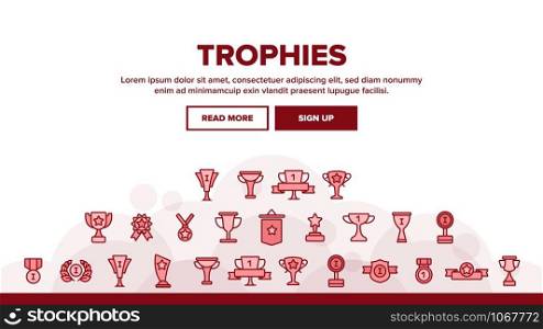 Trophies And Medals For First Place Landing Web Page Header Banner Template Vector. Winner, Reward. Best Result In Competition, Win In Tournament outline cliparts. Awarding Ceremony, Championship Illustration. Trophies And Medals For First Place Landing Header Vector