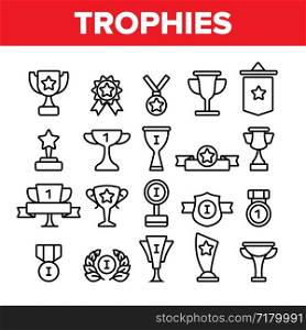 Trophies And Medals For First Place Vector Linear Icons Set. Winner, Reward. Best Result In Competition, Win In Tournament outline cliparts. Awarding Ceremony, Championship Thin Line Illustration. Trophies And Medals For First Place Vector Linear Icons Set