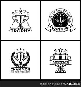 Trophies for champions and winners monochrome set. Awards in form of shiny cups with stars above black emblems isolated cartoon vector illustrations.. Trophies for Champions and Winners Monochrome Set