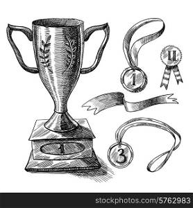 Trophy and awards decorative icons sketch set of medal winner cup isolated vector illustration