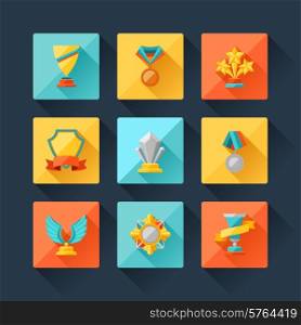 Trophy and awards icons set in flat design style.