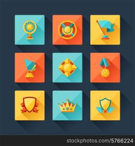 Trophy and awards icons set in flat design style.