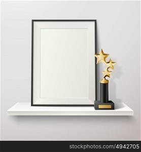 Trophy And Frame Illustration. Golden star trophy and blank frame on white shelf on white background vector illustration