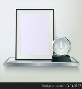 Trophy And Frame Realistic Composition Image . Faceted round crystal glass winner trophy and photo frame on shelf realistic side view composition vector illustration