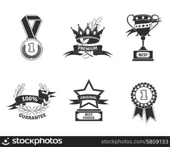 Trophy and prize emblem set of shield star medal and wreath isolated vector illustration.. Trophy and prize emblem