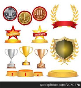 Trophy Awards Cups, Golden Laurel Wreath With Red Ribbon And Gold Shield. Realistic Golden, Silver, Bronze Achievement Medals. Sports Placement Podium. Isolated Vector Illustration. Trophy Awards Cups, Golden Laurel Wreath With Red Ribbon And Gold Shield. Realistic Golden, Silver, Bronze Achievement Medals. Sports Placement Podium. Isolated Vector