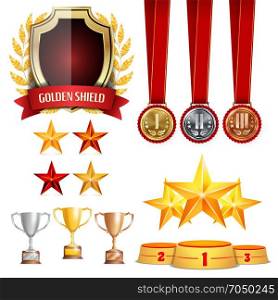 Trophy Awards Cups, Golden Laurel Wreath With Red Ribbon. Realistic Golden, Silver, Bronze Achievement Medals. Sports Placement Podium. Isolated Vector Illustration. Trophy Awards Cups, Golden Laurel Wreath With Red Ribbon. Realistic Golden, Silver, Bronze Achievement Medals. Placement Podium. Isolated Vector Illustration