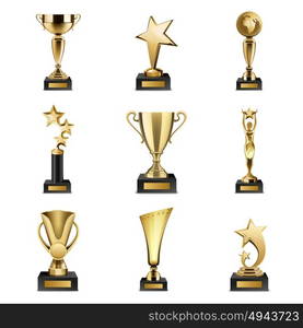 Trophy Awards Realistic Set. Beautiful golden trophy cups and awards of different shape realistic set isolated on white background vector illustration