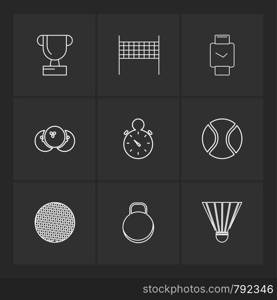 trophy , ball , stopwatch , sports , games , fitness , athletics , football , bodybuilding , snooker , ball , cricket , tennis , stopwatch , golf , social , media , icon, vector, design, flat, collection, style, creative, icons