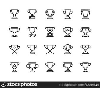 Trophy cup line icons. Competition prize and sport team awards, winner reward and competition award symbols. Vector set black reward icon isolated on white. Trophy cup line icons. Competition prize and sport team awards, winner reward and competition award. Vector set