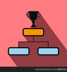 Trophy cup on a prize podium flat icon on a pink background. Trophy cup on a prize podium flat icon