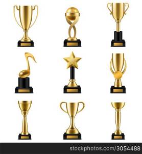 Trophy cup. Realistic golden trophy cups and prize in different shapes, triumph champions, celebration success sports winner awards vector competition set. Trophy cup. Realistic golden trophy cups and prize in different shapes, triumph champions, celebration sports winner awards vector set