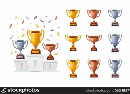 Trophy cups on a podium with confetti. Gold, silver, and bronze winner prize cups set with different shapes - 1st, 2nd, and 3rd place trophies on a white pedestal. Cartoon style vector illustration.. Trophy cups on a podium with confetti. Gold, silver, and bronze winner prize cups set with different shapes - 1st, 2nd, and 3rd place trophies on a white pedestal. Cartoon style vector illustration