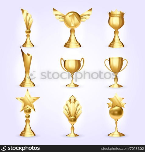 Trophy Cups Set Vector. Success Golden Trophy Award. Different Champion Icon. Winner Leader Prize. First 1st Place. Best One. Event Victory Ceremony Realistic Illustration. Trophy Cups Set Vector. Success Golden Trophy Award. Different Champion Icon. Winner Leader Prize. First 1st Place. Best One. Event Victory Ceremony 3D Realistic Illustration