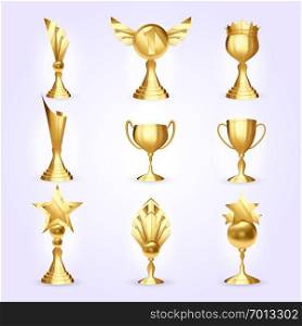 Trophy Cups Set Vector. Success Golden Trophy Award. Different Champion Icon. Winner Leader Prize. First 1st Place. Best One. Event Victory Ceremony Realistic Illustration. Trophy Cups Set Vector. Success Golden Trophy Award. Different Champion Icon. Winner Leader Prize. First 1st Place. Best One. Event Victory Ceremony 3D Realistic Illustration