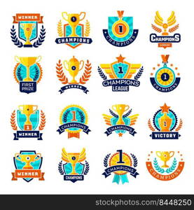 Trophy emblem. College sport team prizes ch&ion logo event cups colored recent vector templates isolated. Illustration of ch&ion sport emblem or symbol. Trophy emblem. College sport team prizes ch&ion logo event cups colored recent vector templates isolated