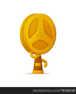 Trophy for cinema achievements vector, gold bobbin isolated icon. Reward in shape of reel with stripe on pedestal with name table, champion reward. Trophy for Cinema Achievements, Gold Bobbin Icon