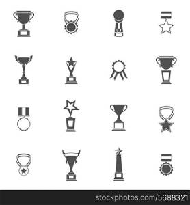 Trophy icons black set of champion medallion winner prize first place laurel wreath isolated vector illustration