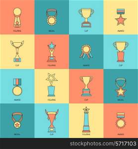Trophy icons flat line set of figurine medal cup award isolated vector illustration