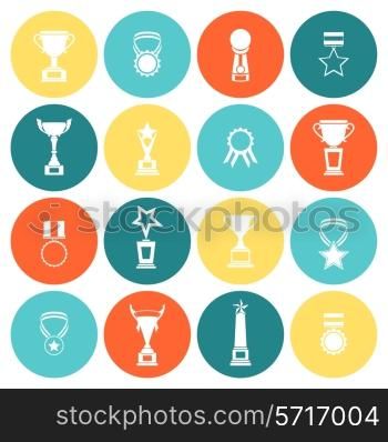 Trophy icons flat set of competition rewards winner prizes isolated vector illustration