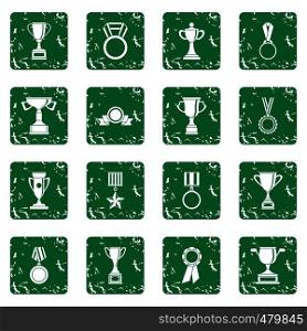 Trophy icons set in grunge style green isolated vector illustration. Trophy icons set grunge
