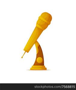 Trophy in shape of microphone on stand, music award vector. Musical reward or prize for win in competition, art industry achievement isolated object. Gold Trophy in Shape of Microphone, Music Award