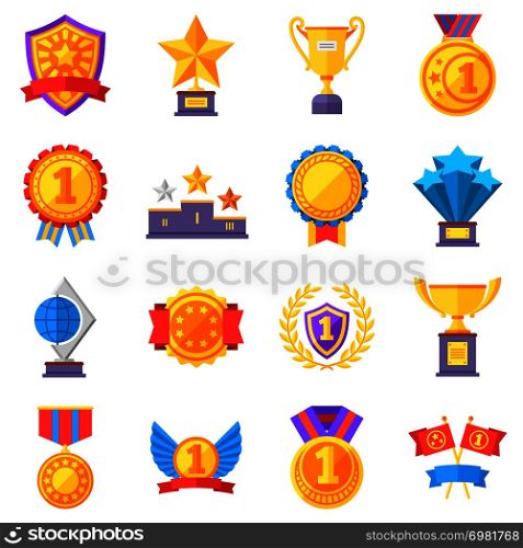 Trophy medals and winning ribbon success icons. Win awards vector winner symbols. Success and trophy with ribbon for achievement, winner medal for sport champion illustration. Trophy medals and winning ribbon success icons. Win awards vector winner symbols