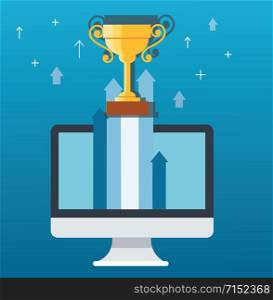 Trophy on arrow icon out of computer, start up business concept illustration