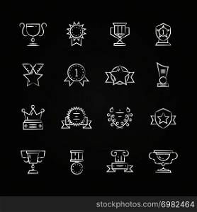 Trophy prizes, awards icons chalkboard. Achievement and victory, vector illustration. Trophy, prizes, awards icons chalkboard