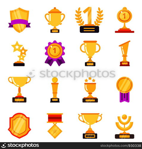 Trophy symbols. Achievement awards medals with ribbons for winners sport victory vector flat icons. Illustration of triumph reward, gold trophy with wreath. Trophy symbols. Achievement awards medals with ribbons for winners sport victory vector flat icons