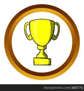 Trophy vector icon in golden circle, cartoon style isolated on white background. Trophy vector icon, cartoon style