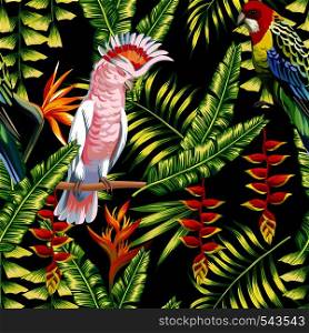 Tropic bird macaw and multicolor parrot on the background exotic lobster claws flower, strelitzia and palm leaf. Print summer floral plant. Nature animals wallpaper. Seamless vector pattern