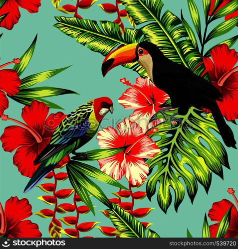 Tropic bird toucan and multicolor parrot on the background exotic flower hibiscus and palm leaf. Print summer floral plant. Nature animals wallpaper. Seamless vector pattern