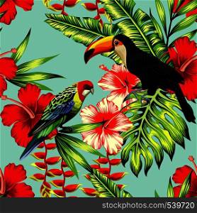 Tropic bird toucan and multicolor parrot on the background exotic flower hibiscus and palm leaf. Print summer floral plant. Nature animals wallpaper. Seamless vector pattern