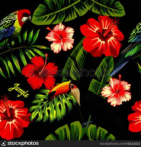 Tropic bird toucan and multicolor parrot on the background of palm banana leaf, red and white exotic hibiscus flowers with slogan jungle. Print summer floral plant wallpaper. Seamless vector pattern