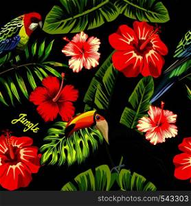 Tropic bird toucan and multicolor parrot on the background of palm banana leaf, red and white exotic hibiscus flowers with slogan jungle. Print summer floral plant wallpaper. Seamless vector pattern