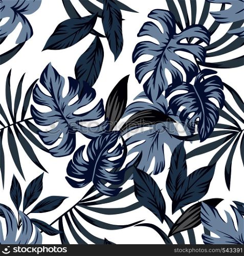 Tropic exotic palm leaves seamless vector pattern in a trendy blue vintage style. Print nature fashion illustration painting floral jungle wallpaper on a white background