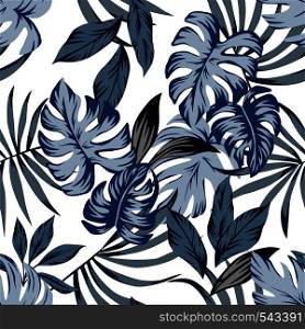 Tropic exotic palm leaves seamless vector pattern in a trendy blue vintage style. Print nature fashion illustration painting floral jungle wallpaper on a white background