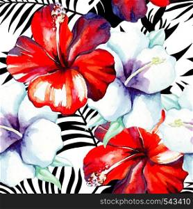 Tropic flowers red and white hibiscus painting hand drawn watercolor. Exotic floral hawaiian seamless vector pattern on black and white background of tropical leaves
