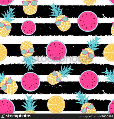 Tropic fruit Pineapple, watermelon and orange seamless pattern background design. Vector Illustration EPS10. Tropic fruit Pineapple, watermelon and orange seamless pattern background design. Vector Illustration